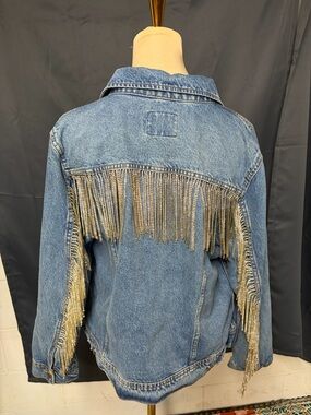 Old Navy Light Wash Denim Jacket Fringe Back Western Boho Jean Jacket Size L